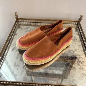 TOMS Shoes Womens Size 7 Brown Suede Alpargata Espadrille Slip On Rainbow Trim‎